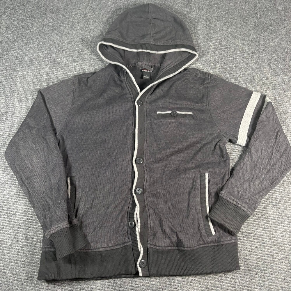 Imperious Cardigan Hoodie Mens L Gray Excellent Waffle Knit Button Front Hooded